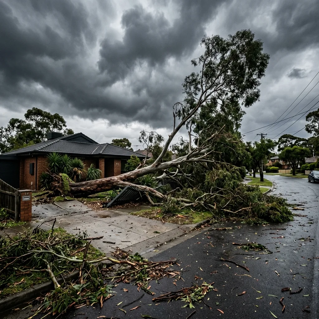 Storm damage fallen tree requiring emergency removal in Melbourne