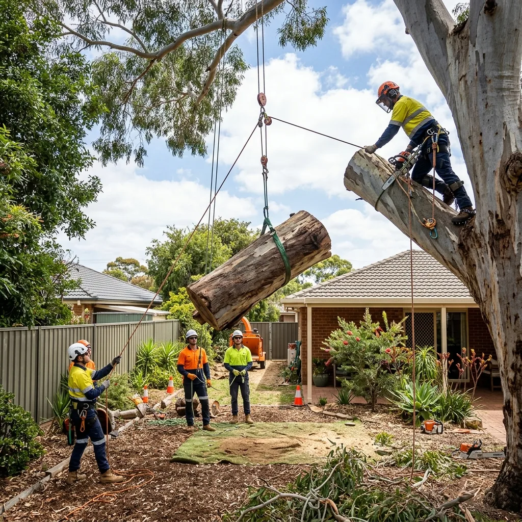 Tree removal crew lowering large branch with ropes in Melbourne