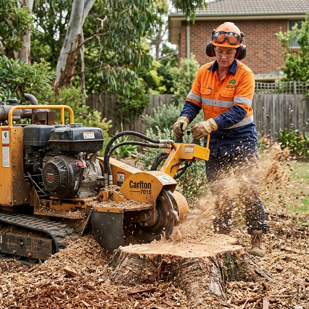 Stump grinding machine in action on Melbourne property